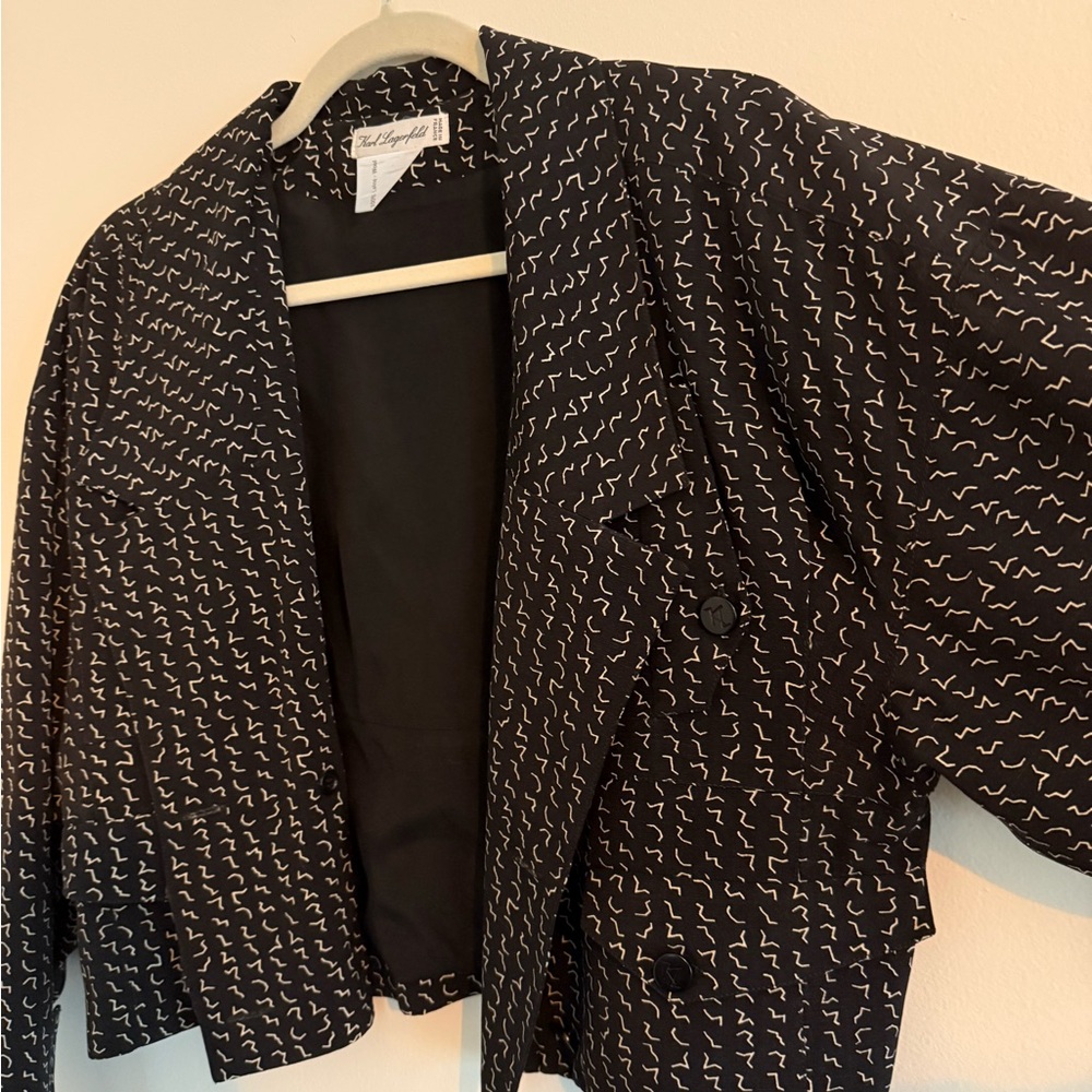 Vintage Karl Lagerfeld Cropped Wool Trench Jacket Squiggly Pattern French 38 / M